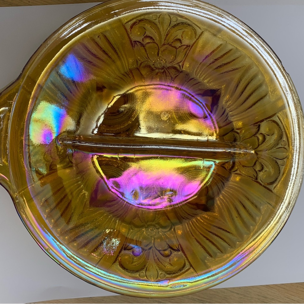 Pretty Carnival Glass Divided dish, small issues